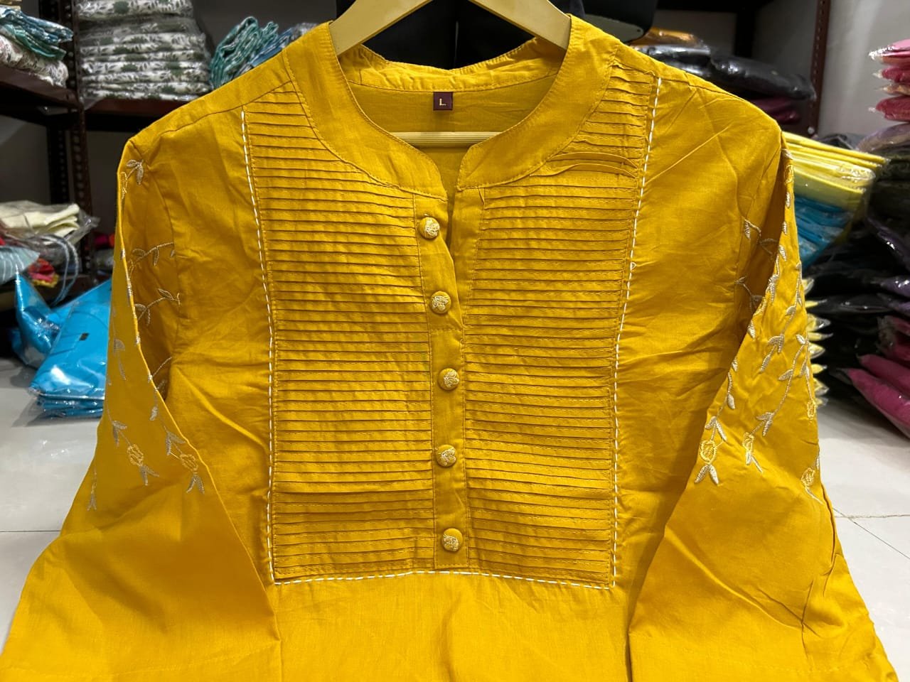 Yellow  Kurti Pant Set with Embroidery & Pintex Detailing